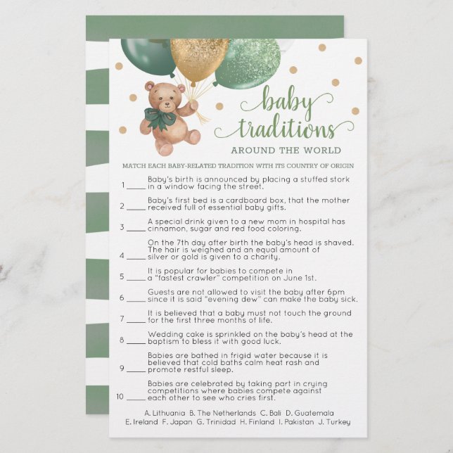 Papier Traditions Bébé dans le monde Jeu Teddy Ours (Devant / Derrière)