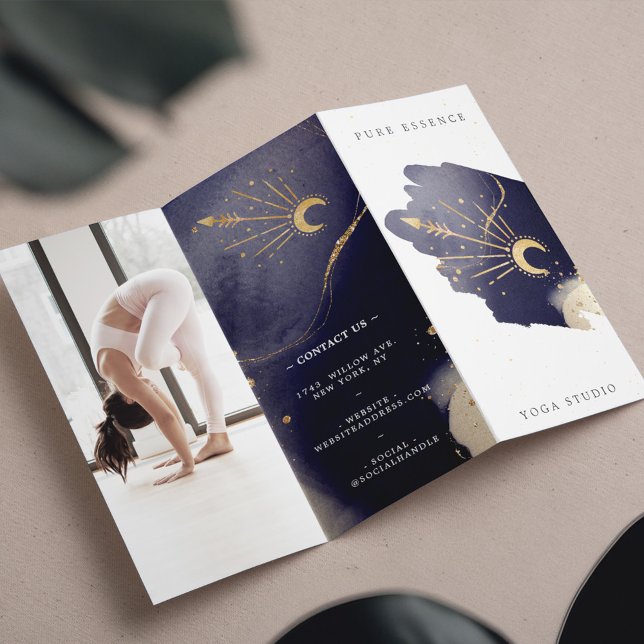 Papier Tri-Fold d'encre foncée de lune céleste holistique (Holistic Celestial Sun Moon Dark Ink Yoga Tri-Fold)