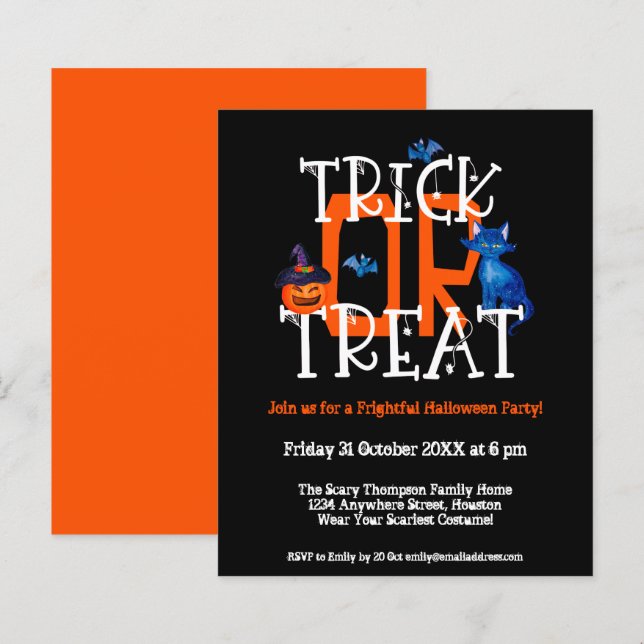 Papier Trick Budget Ou Traiter Halloween Invitation Noir (Devant / Derrière)