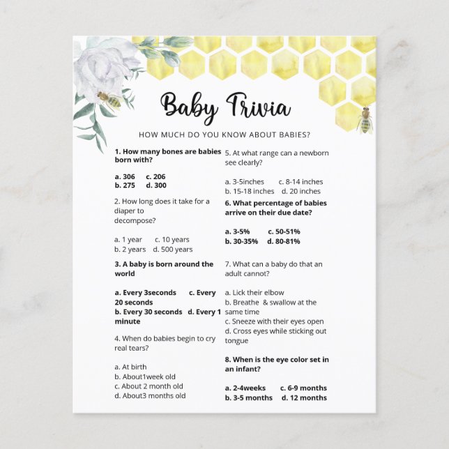 Papier Trivia Bee Baby | Jeu Baby shower (Devant)