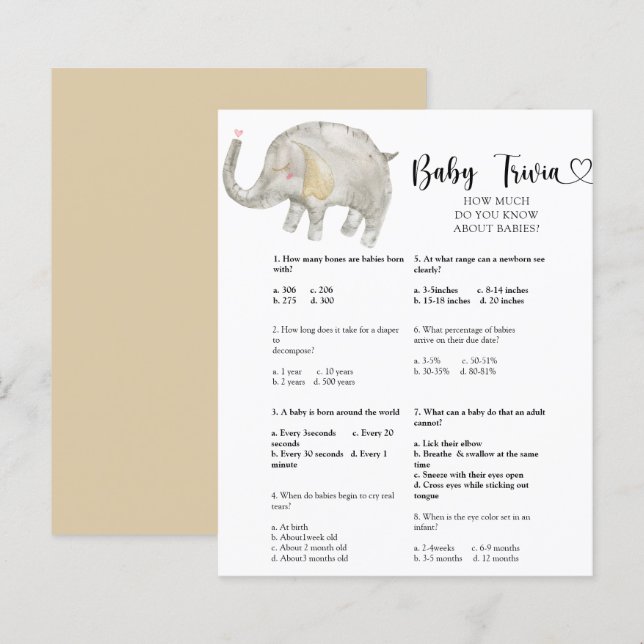 Papier Trivia des bébés éléphants | Jeu Baby shower (Devant / Derrière)