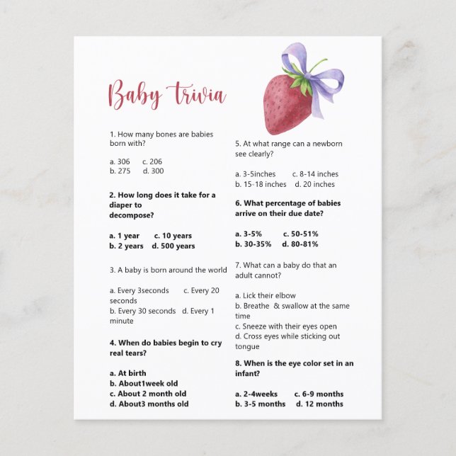 Papier Trivia fraise bébé | Jeu Baby shower (Devant)