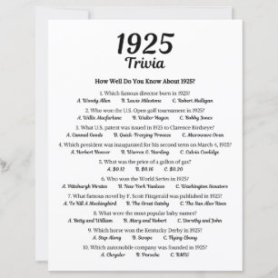 Papier Trivia Game 1925 100e fête d'anniversaire Jeu