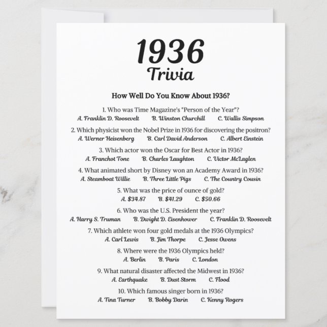 Papier Trivia Game 1936 | Jeu de fête du 89e anniversaire (Devant)