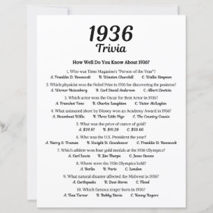 Papier Trivia Game 1936   Jeu de fête du 89e anniversaire