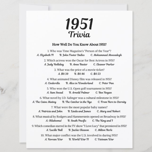 Papier Trivia Game 1951 | Jeu de fête du 74e anniversaire (Devant)
