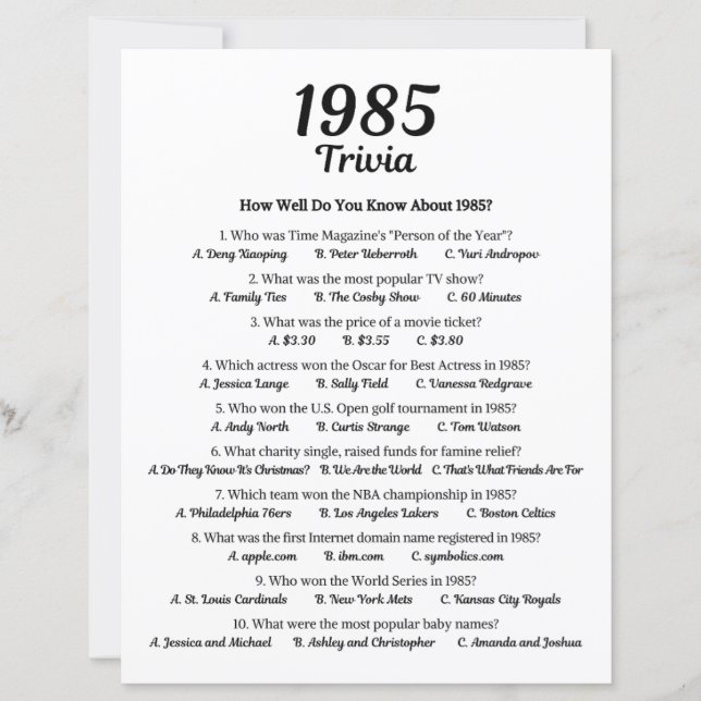 Papier Trivia Game 1985 (Devant)