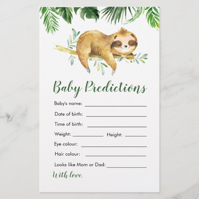 Papier Tropical Boy Sloth Baby shower Baby Prédictions (Devant)