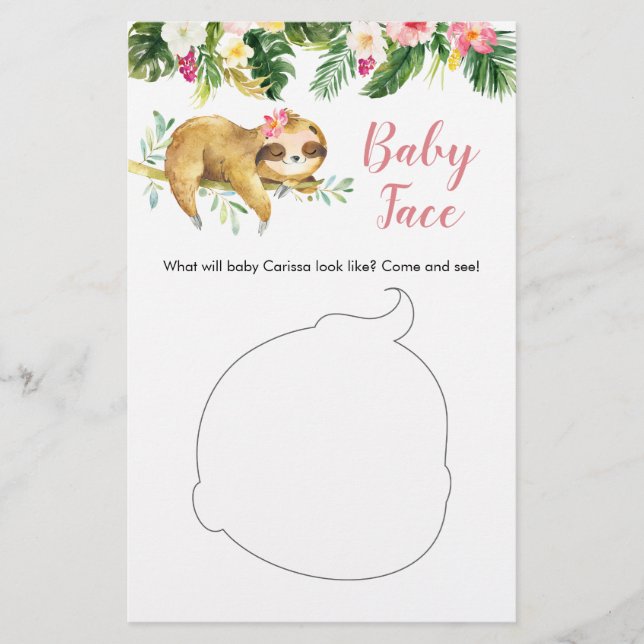 Papier Tropical Girl Sloth Baby shower Baby Face Card (Devant)