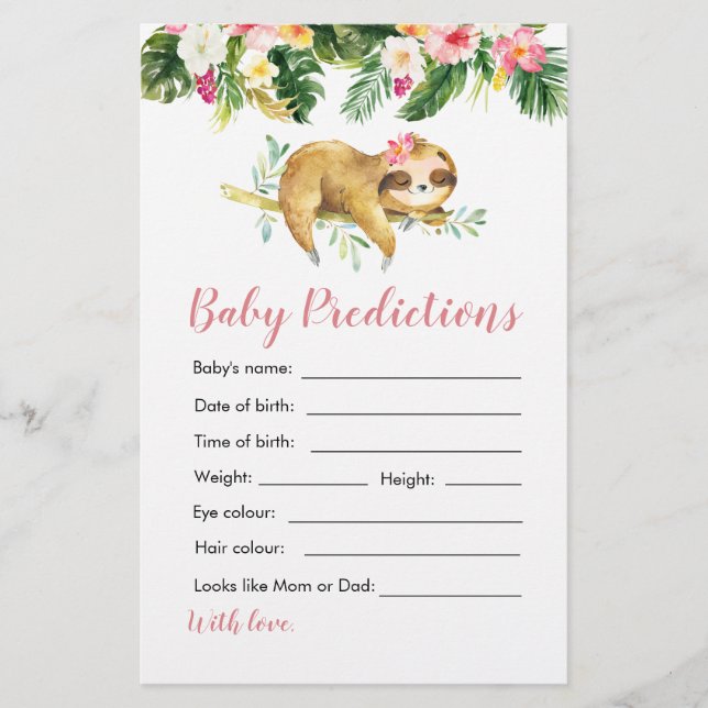 Papier Tropical Girl Sloth Baby shower Baby Prédictions (Devant)