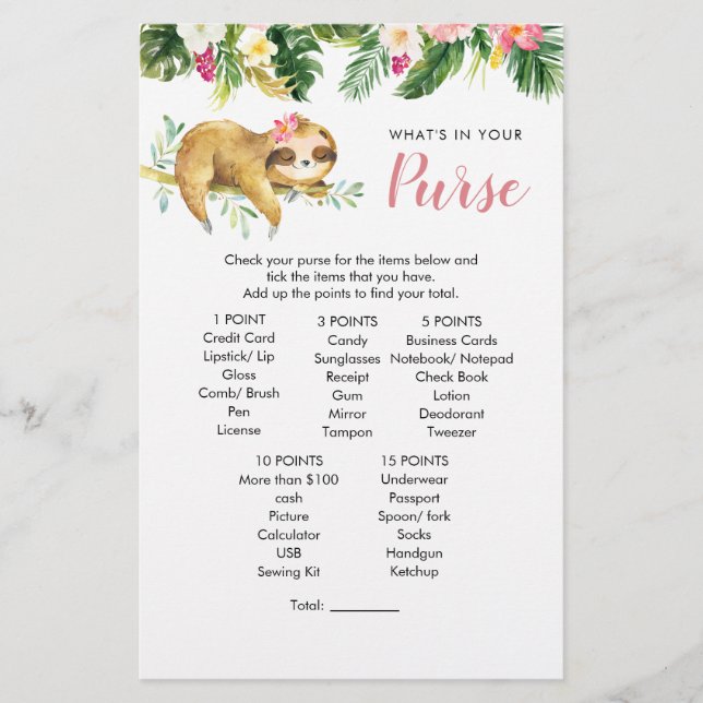 Papier Tropical Girl Sloth Baby shower Jeu de bourse (Devant)