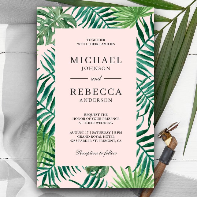 Papier Tropical Palm Budget Blush Pink Faire-part de mari (Créateur téléchargé)