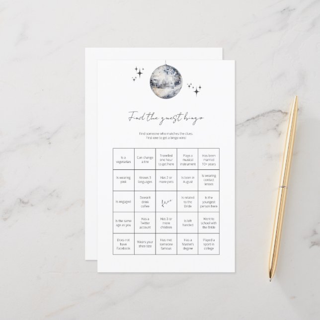 Papier Trouver Invité Bingo Disco Ball Fête des mariées J (Devant/Arrière en situation)