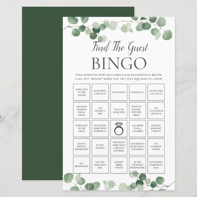 Papier Trouver la mariée au feuillage d'eucalyptus Bingo  (Devant / Derrière)