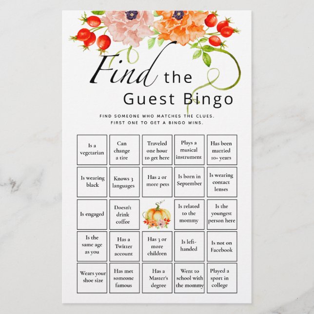 Papier Trouver Le Jeu De Baby shower Citrouille De Bingo  (Devant)