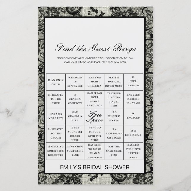 Papier Trouver le jeu de douche de Bingo invité IMPRIMÉ (Devant)