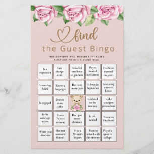 Papier Trouver L'Invité Bingo Bear Baby shower Jeu