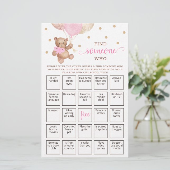 Papier Trouver Quelqu'Un Qui Joue Bingo Teddy Bear (Debout devant)