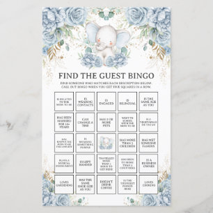 Papier Trouvez le Bingo Invité Baby Shower Eléphant Bleu