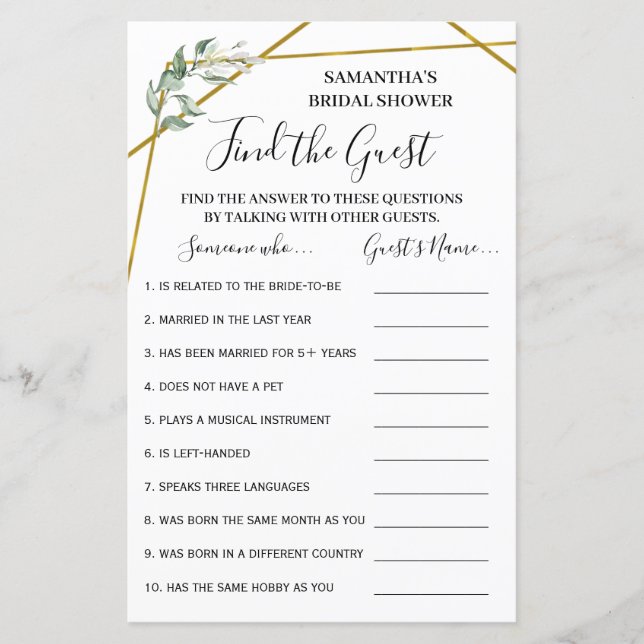 Papier Trouvez le jeu bilingue douche nuptiale invité (Devant)