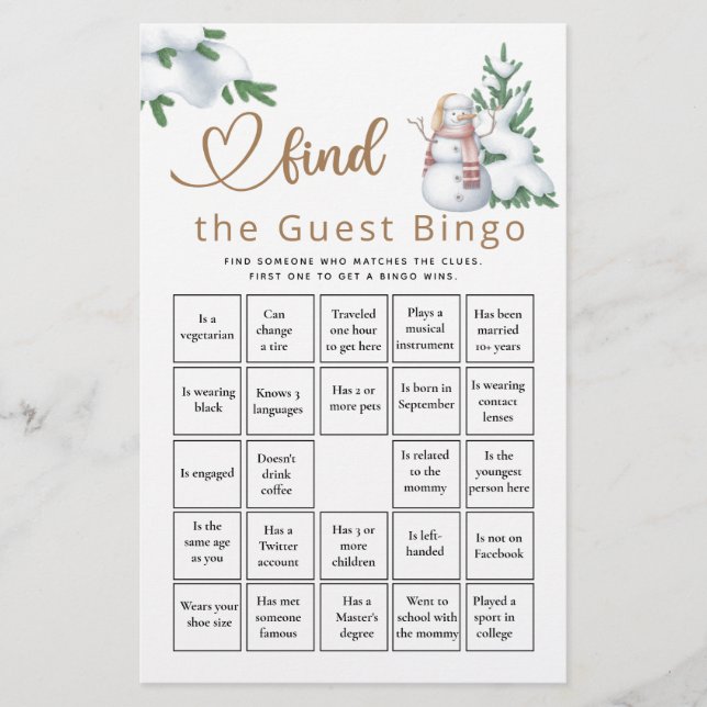 Papier Trouvez Le Jeu Du Baby shower D'Hiver De Bingo Inv (Devant)