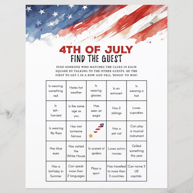 Papier Trouvez l'invité Bingo 4 juillet jeu de fête (Devant)