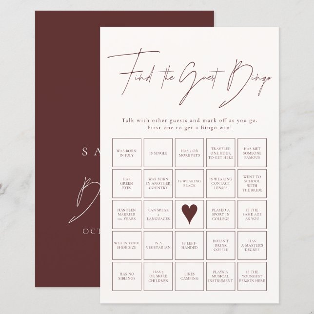 Papier Trouvez L'Invité Bingo Burgundy Fête des mariées J (Devant / Derrière)