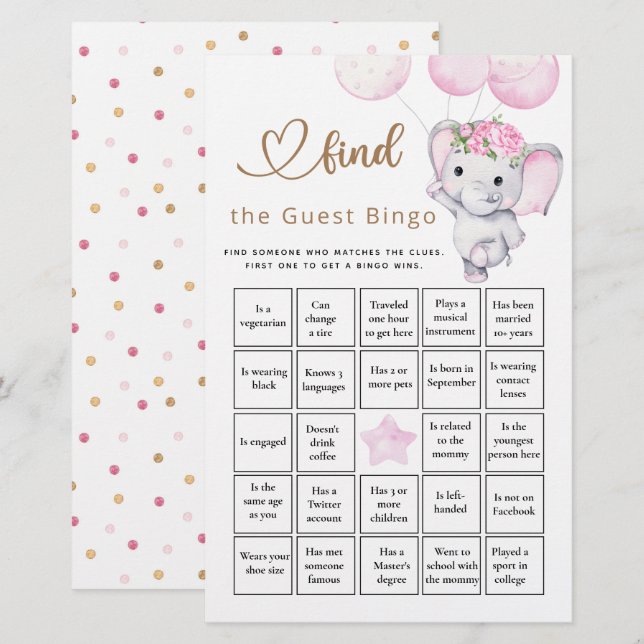 Papier Trouvez L'Invité Bingo Girl's Elephant & Flower Ga (Devant / Derrière)