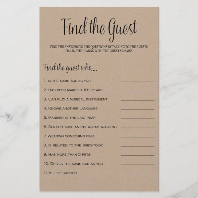 Papier Trouvez l'invité Rustic Kraft Fête des mariées Jeu (Devant)
