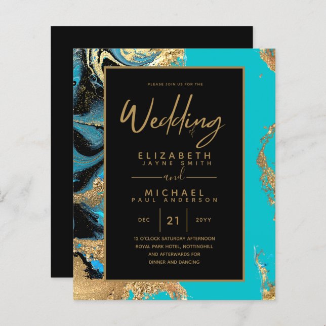 Papier Turquoise Gold Black Agate Budget Mariage Invite (Devant / Derrière)