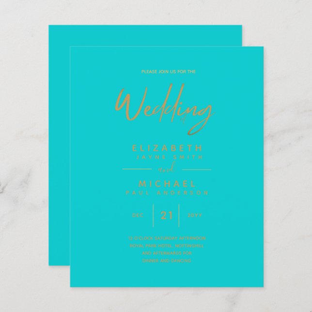Papier Turquoise Gold Modern Faire-part de mariage simple (Devant / Derrière)