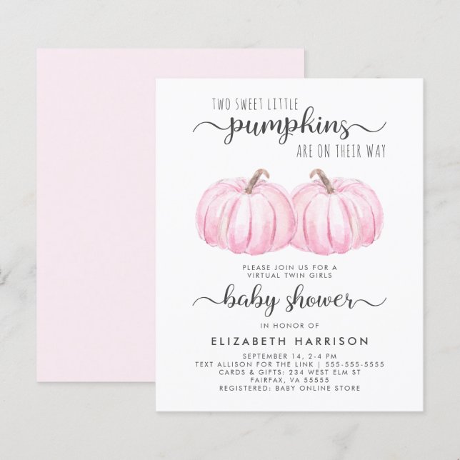 Papier Twin Girls Rose Citrouille Baby shower Invitation (Devant / Derrière)
