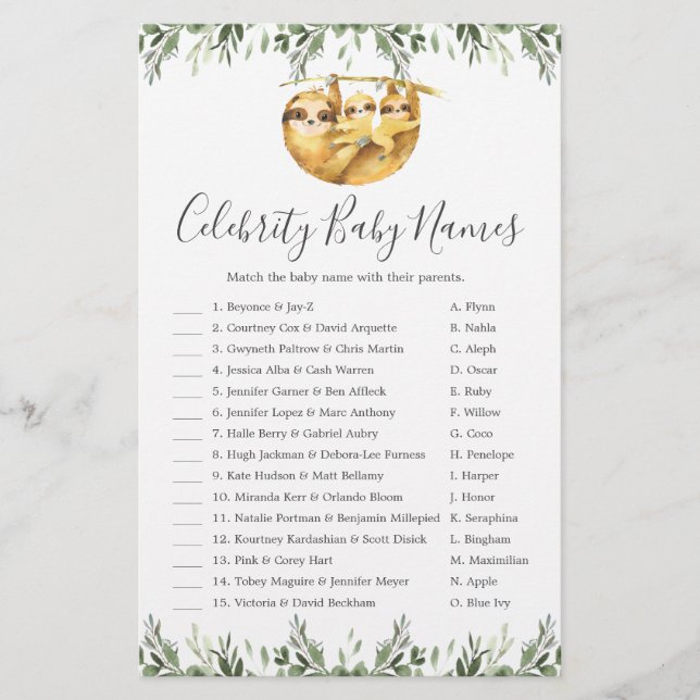 Papier Twin Sloths Baby shower Celebrity Baby Names Jeu (Devant)