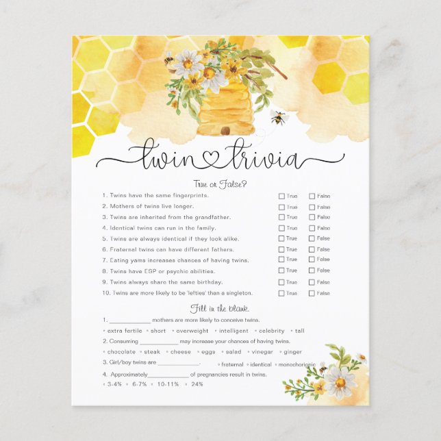 Papier Twin Trivia Honey Bee Baby shower Jeu (Devant)