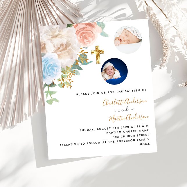 Papier Twins floraux photo budget baptême invitation (Créateur téléchargé)