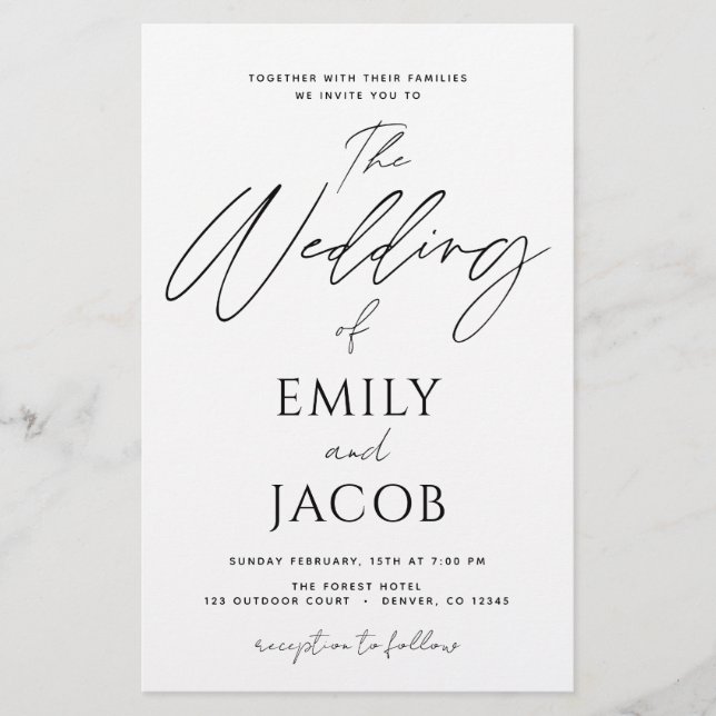 Papier Typographie de script noir blanc du Mariage budgét (Devant)