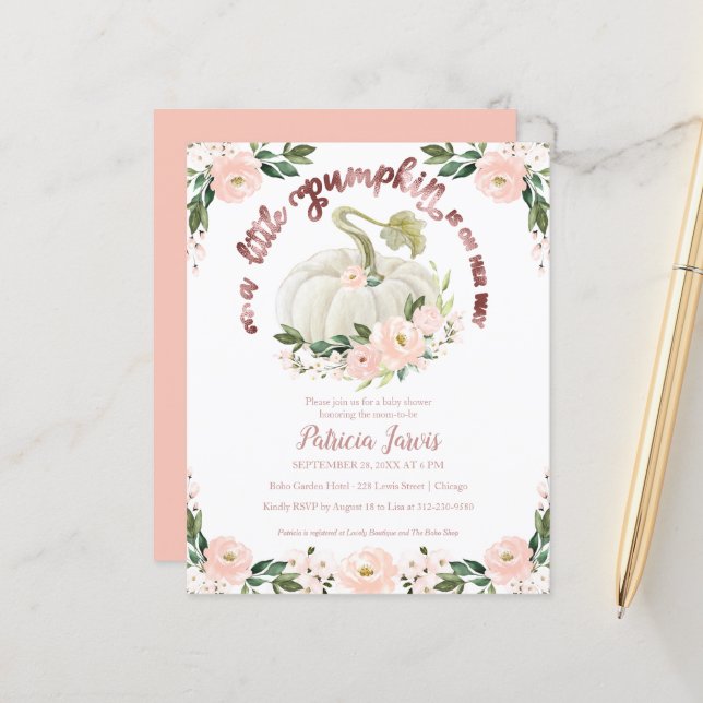 Papier Un Baby shower Budget Un Peu Citrouille Invitation (Devant/Arrière en situation)