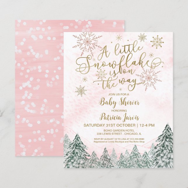 Papier Un petit Baby shower rose de flocon de neige Invit (Devant / Derrière)