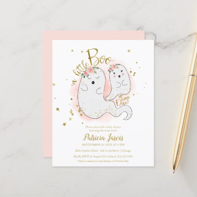 Papier Un petit budget Boo Invitation Baby shower fille (Devant/Arrière en situation)