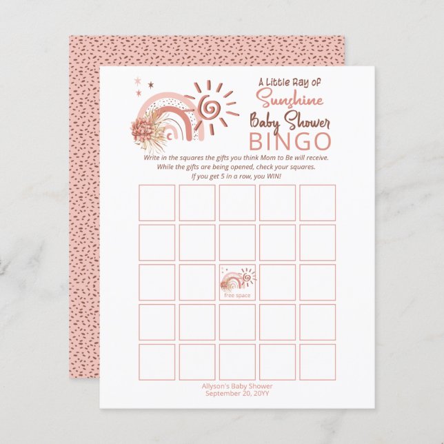 Papier Un petit rayon de soleil Baby shower Bingo Jeu dan (Devant / Derrière)