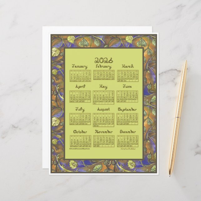 Papier Undulating Leaves Border 2026 Calendar Paper Sheet (Devant/Arrière en situation)
