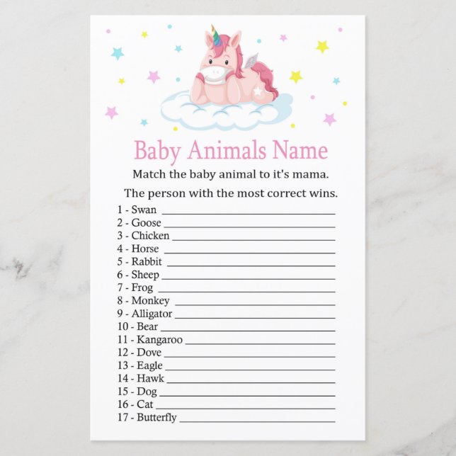 Papier Unicorn Baby Animaux Nom Jeu (Devant)