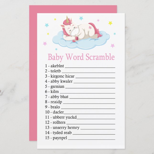 Papier Unicorn Baby mot scramble jeu (Devant / Derrière)