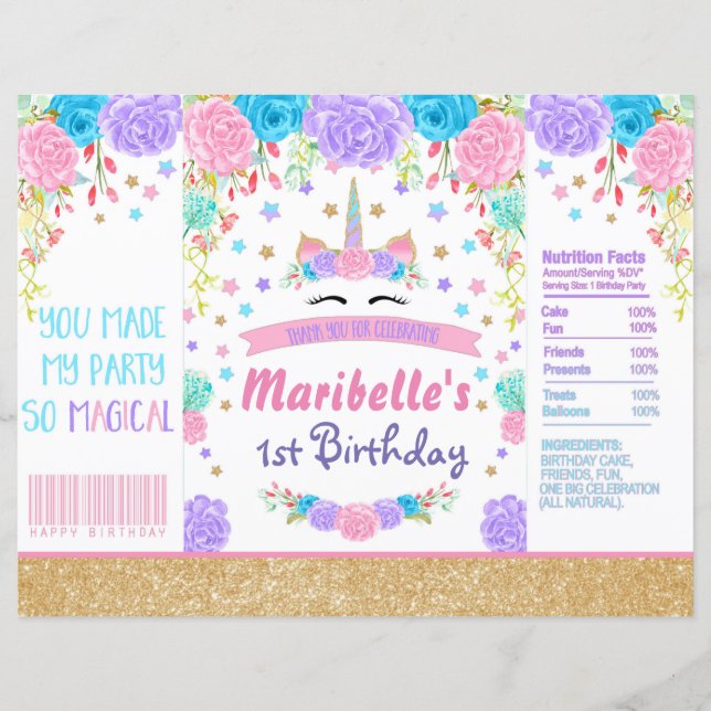 Papier Unicorn Birthday Chip Bag Wrapper Party Favoriser (Devant)