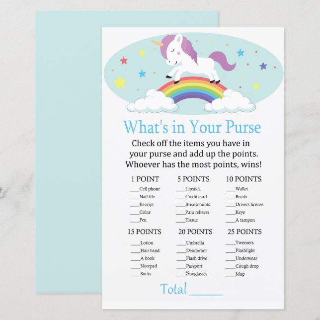 Papier Unicorn Ce qui est dans votre baby shower de jeu d (Devant / Derrière)