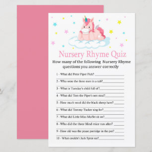 Papier Unicorn Nursery Rhyme Quiz jeu de baby shower