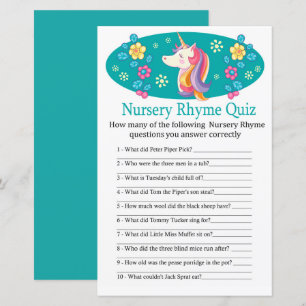 Papier Unicorn Nursery Rhyme Quiz jeu de baby shower