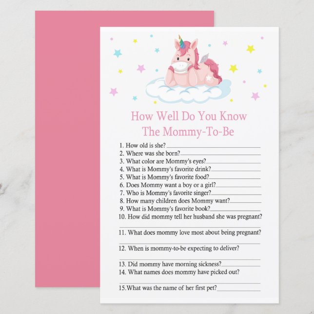 Papier Unicorne Connaissez-vous bien le baby shower (Devant / Derrière)