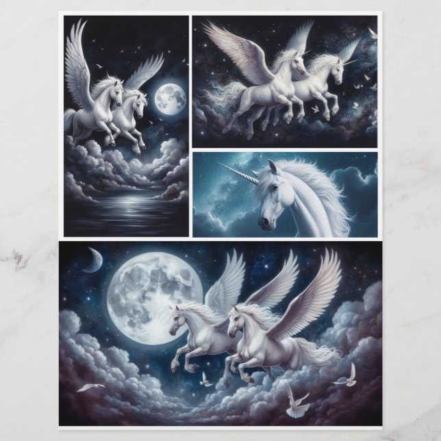 Papier Unicornes et pégaus contre le ciel nocturne (Devant)