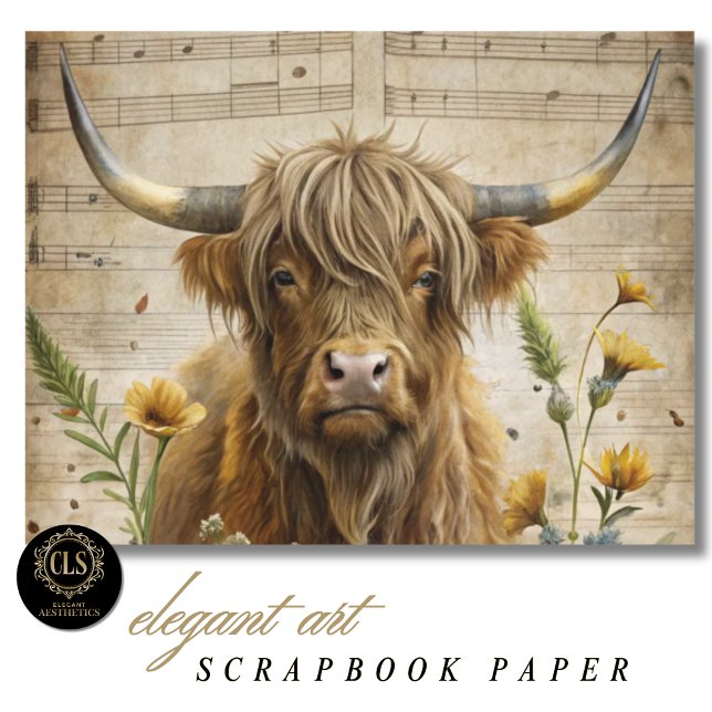 Papier Vache des Highlands et Notes de Musique (Scrapbook Paper – Highland Cow Music Notes)